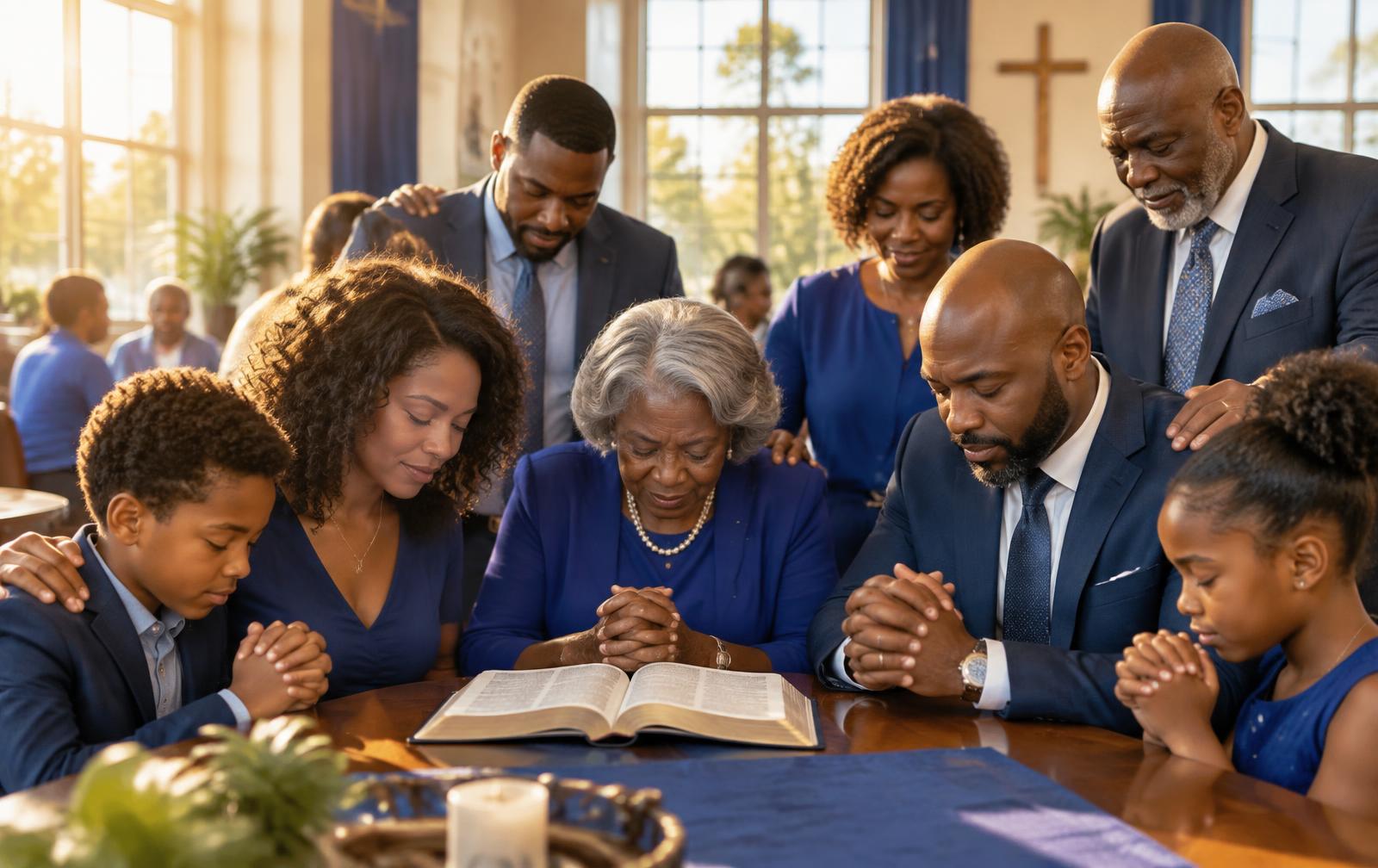 Families gathering around an open Bible in prayer