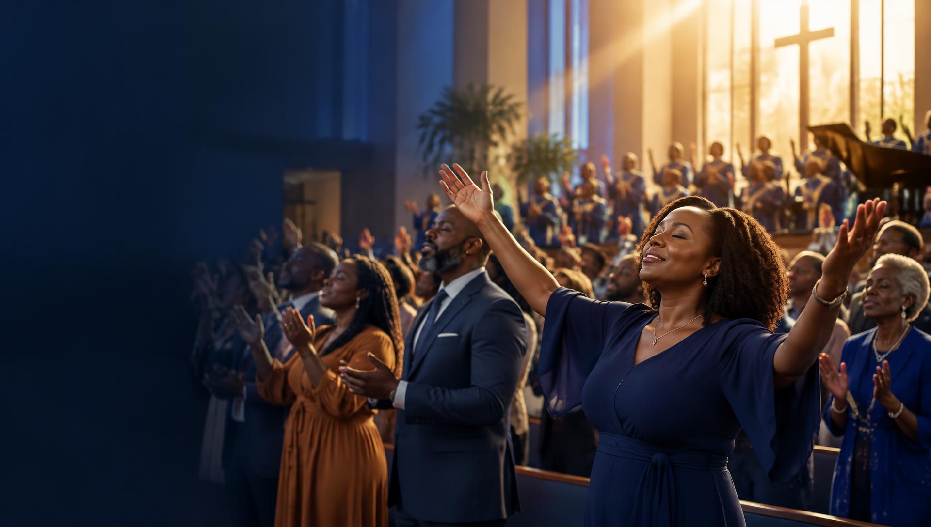 Congregation worshipping together in a sunlit sanctuary